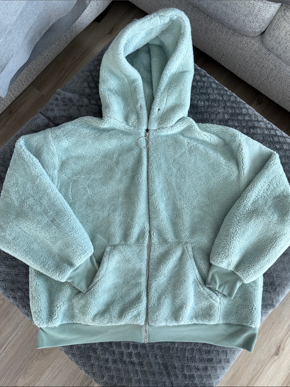 wild fable Plush Hooded Zip Jacket in Mint Green
